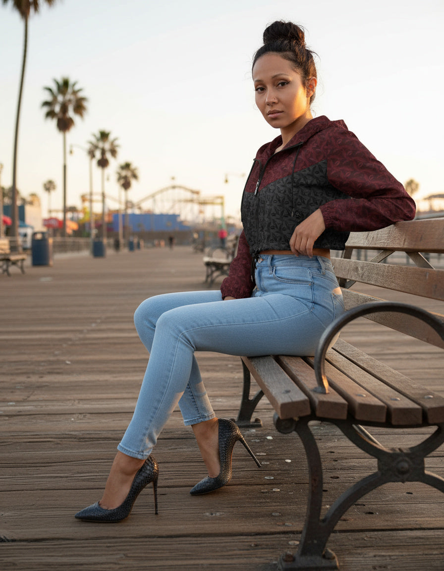 Burgundy & Black Whispering Feathers cropped windbreaker