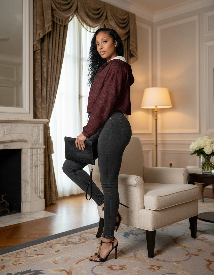 Burgundy Whispering Feathers cropped windbreaker
