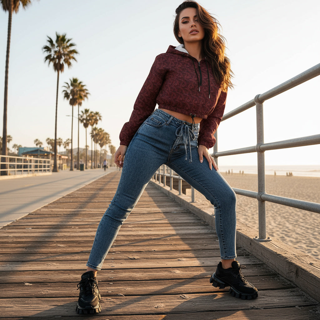 Burgundy Whispering Feathers cropped windbreaker