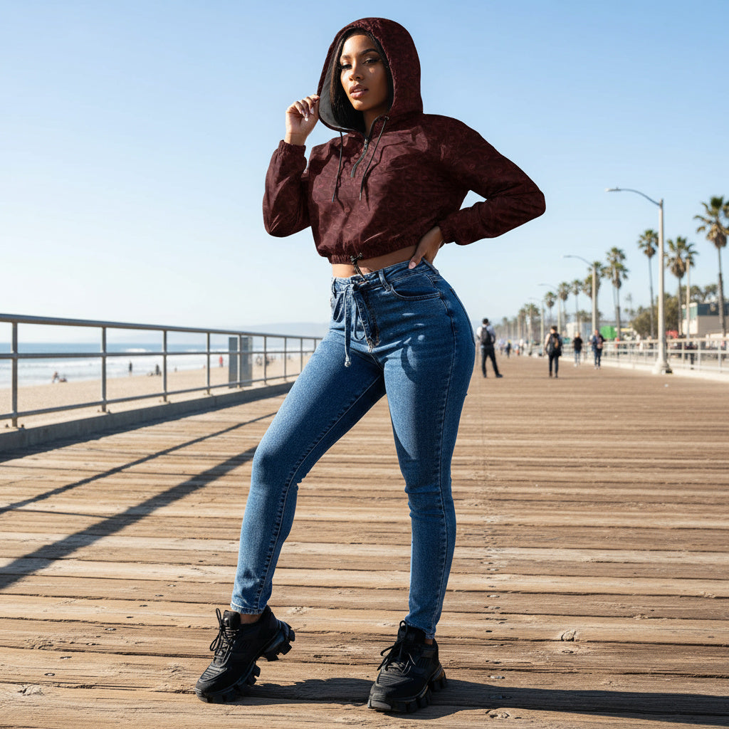 Burgundy Whispering Feathers cropped windbreaker