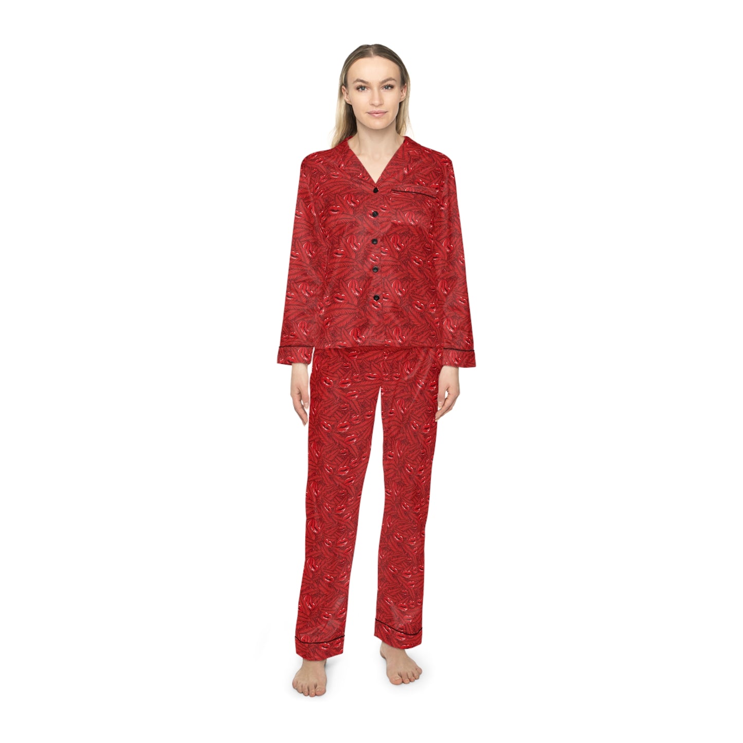 Red Kisses Satin Women's Pajama Set